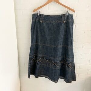 Vintage 90s Y2K Denim skirt Mid wash Blue Gold Grunge Floral Embroidery Sz 14